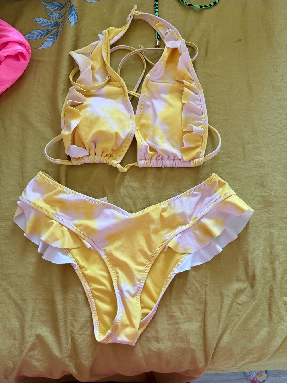 Aerie Yellow Tie-Dye Ruffle Bikini Set